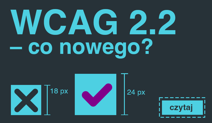 Nowe funkcje i aktualizacje WCAG 2.2, które poprawiają dostępność stron internetowych. Na obrazku widnieją dwie ikony dotyczące wytycznych, co do wielkości i jedna dotycząca wymaganego fokusu.